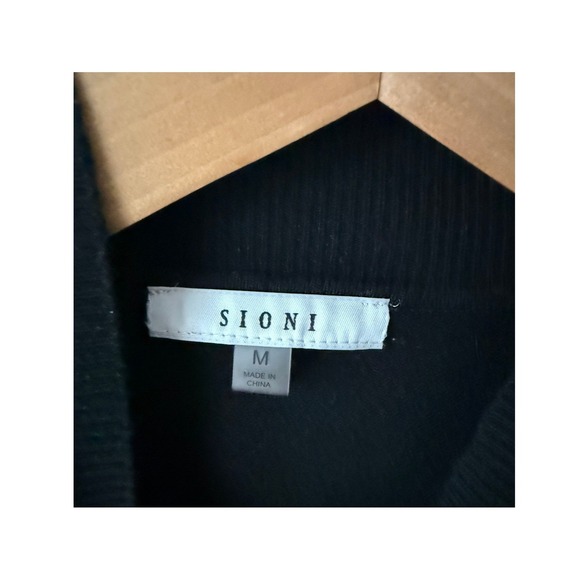 Sioni Womens Black Mock Neck Sweater Faux Leather Puff Sleeve Knit Top Size M - Picture 3 of 5